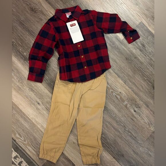 Boys Buffalo Check/Plaid Shirt in Red and Black w/ Pants set Sz 4T - Picture 2 of 5
